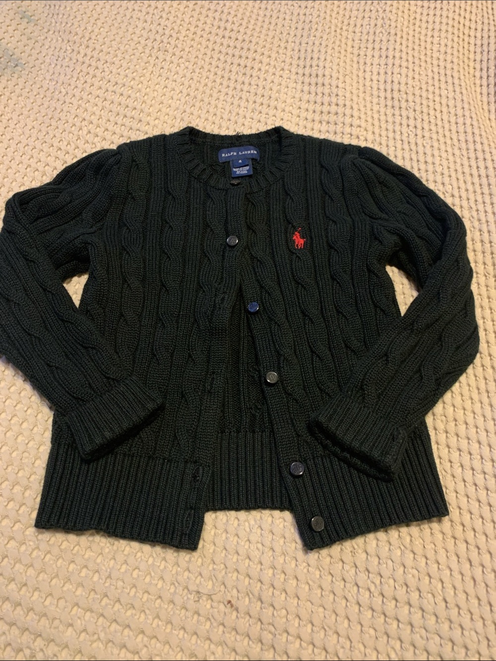 Ralph Lauren Black Cable Knit Cardigan with Red Pony